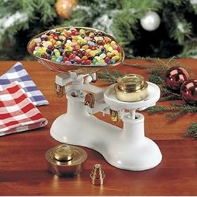Kitchen Scales White Cast Iron, Kitchen Scale w/Brass Bowl and Weights
