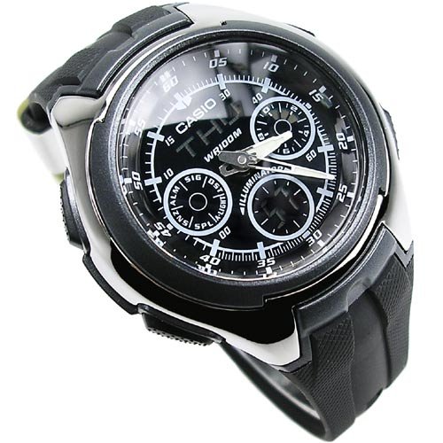 Casio - AQ-163W-1B1VDF - Montre Acier et Resine - Quartz Analogique et Digitale - Multifonctions - Chronographe - Fuseaux Horaires - 5 Alarmes - Timer - Etanche 10 ATM - Bracelet Caoutchouc Noir