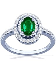 14K White Gold Oval Cut Emerald Ring With Sidestones