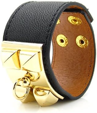 Gold Pyramid Stud European Leather Cuff Bracelet - Black Color