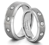 His & Her's 8mm/6mm Tungsten Carbide Brushed Silver CZ Wedding Band Ring Set (Available Sizes 4-14 Including Half Sizes)