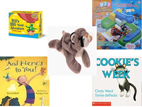 Children's Gift Bundle - Ages 3-5 [5 Piece] - Boz's Big World Adventure Board Game - DIY Easy Puzzle Maker Toy - Ty Beanie Baby - Canyon the Cougar - And Here's To You. Hardcover Book - Cookie's Wee