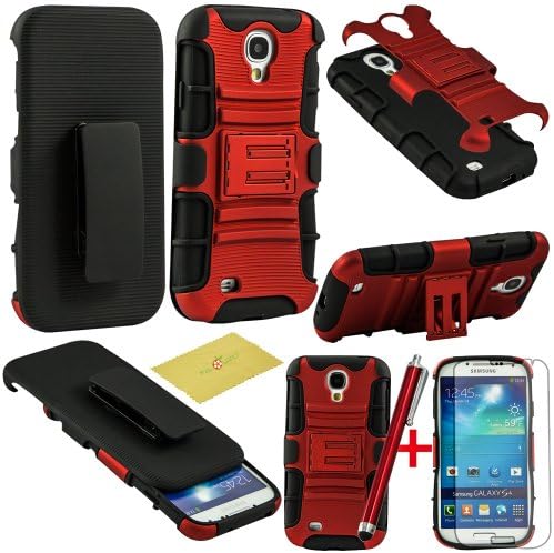 Fulland Prime Series Dual Layer Holster Case with Kick Stand and Locking Belt Swivel Clip for Samsung Galaxy S4 I9500 With Stylus & Screen Protector-Red/Black