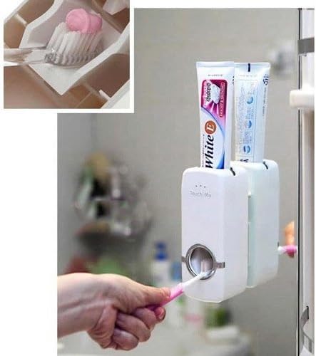 Automatic toothpaste squeezer 5 -toothbrush holder Automatic Toothpaste Dispenser with Toothbrushes Holder - No Battery Require, Economic Use of Toothpaste (White)