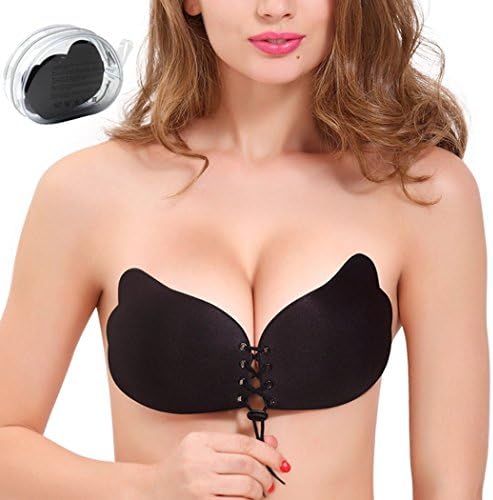 Quintina Women's Deep V-shaped Rope Backless Strapless Adhesive Invisible Push up Bra (B, Black)