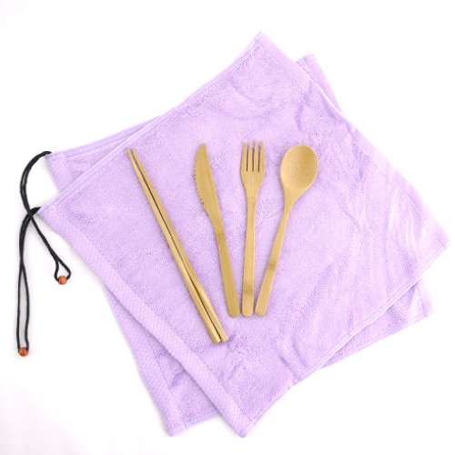 BambooImportsMN Travel Utensils with 2 100% Rayon from Bamboo Washcloth Wraps - 1 set, Lavender On Sale