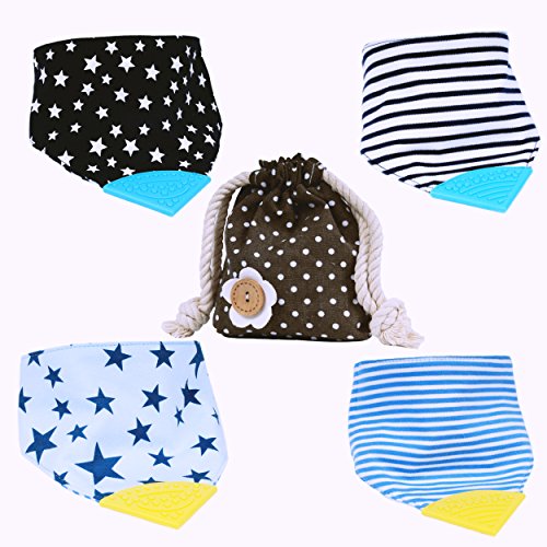 My qBebe 2 Pack Teether Bib Reversible 2 in 1 Baby Drool Bibs Design with BPA Free Silicone Teether Attached- Baby Bandana Bibs & Free Bag Included