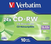 Verbatim CD-RW 24x Rewritable Disk Cased 16x-24x Speed 80min 700Mb Ref 43192 [Pack 10]