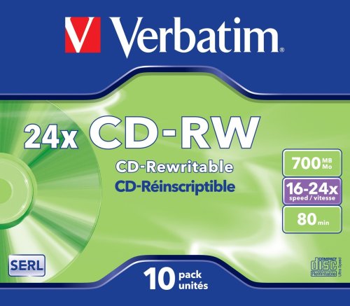 Verbatim CD-RW 24x Rewritable Disk Cased 16x-24x Speed 80min 700Mb Ref 43192 [Pack 10]