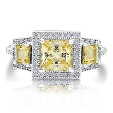 Sterling Silver 925 Princess Cut Canary Cubic Zirconia CZ 3-Stone Ring - Nickel Free Valentine Engagement Ring