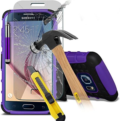 Fone-Case ( Purple ) Samsung Galaxy S6 Case Brand New Luxury Tough Survivor Hard Rugged Shock Proof Heavy Duty Case W/ Back Stand, Tempered Glass Crystal Clear LCD Screen Protectors, Polishing Cloth & Mini Retractable Stylus Pen