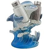 Dolphin Riding Ocean Wave Salt and Pepper Shaker Set with Figurine Holder in Decorative Tropical Kitchen Decor Spice Racks & Porpoise Display Stands or Beach Bar and Restaurant Table Centerpieces As Gifts for Dolphin Lovers