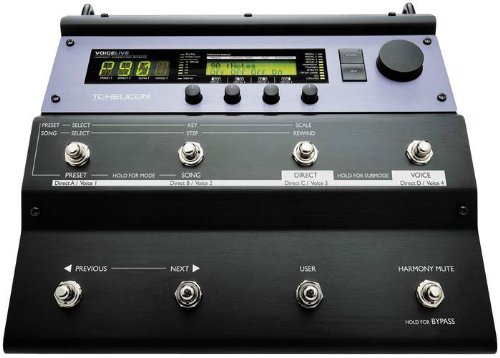 TC-Helicon VoiceLive, Floor-based 4 Voice Harmony, Compression/EQ, Pitch Correction, Microphone Preamp, Reverb, Delay, Thickening, 8 Footswitches