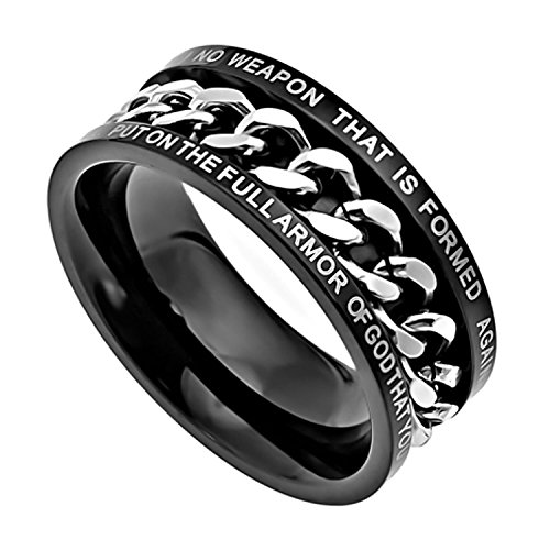 Isaiah 54:17 Band, Full Armor of God, Stainless Steel Black, Spinner Chain, Christian Bible Verse Ring