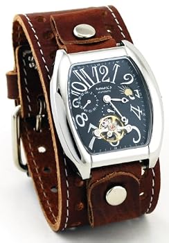 Nemesis #BSTH006K Men's Premium Wide Leather Cuff Band Automatic Tourbillon Watch