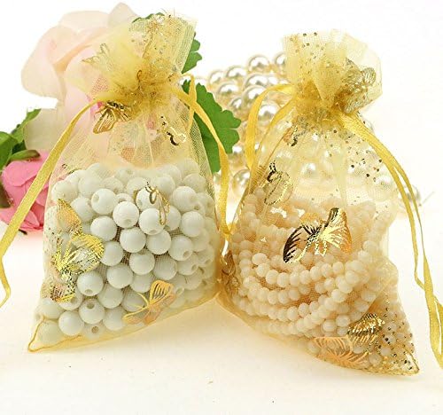 100pcs Butterfly Organza Drawstring Pouches Jewelry Party Wedding Favor Gift Bags (100 Pieces, Golden Butterfly)