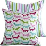 Hot Diggity Dog Collection - Waverly Designer 18x18 Square Boutique Throw Pillow Cover - Dogs and Stripes - Fuschsia, Pink, Lime, Aqua, Ivory and Green - 1 Pillow Cover