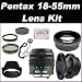Pentax DA 18-55mm f/3.5-5.6 AL Lens Kit: Includes: 0.45X Wide Angle Lens, 2X Telephoto Lens, Lens Cap, Lens Hood, Lens Cap Keeper, 3 Piece Filter Kit (UV-FLD-CPL) and Microfiber Cleaning Cloth