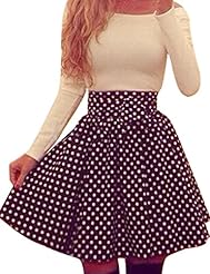 Flared-Skirt Pleated Polka Dot Print Off the Shoulder Elbow Length Sleeves Cocktail Short Cotton Evening Dress/Prom Dress/Party Dress/Mini Dress 