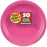 Amscan Big Party Pack 50 Count Paper Lunch Plates, 9 inch, Bright Pink