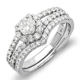 14k White Gold Round Diamond Ladies Bridal Ring Heart Shape Engagement Set Matching Band (1.35 cttw, G-H Color, SI-I Clarity)