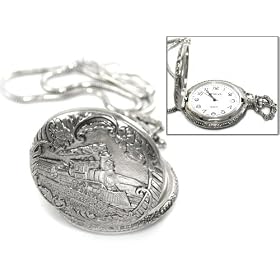 Mens Geneva Old Fashion Steam Train Antiqued Silver Pocket Watch with Clip ~ Comes GIFT BOXED