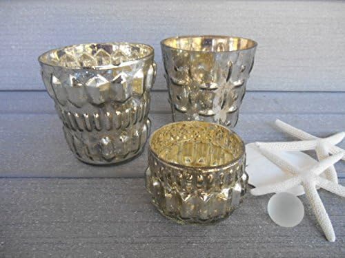 Shabby Chic Embossed Mercury Glass Votive Holders, Set of 3, Antique Silver