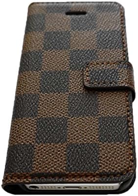 New iPhone 5/5S Wallet Case, Premium Leather with Card and ID Slots for iPhone Total Protection- Checkered Classic Brown