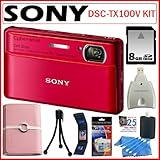Sony Cyber-Shot DSC-TX100V/R 16.2MP Digital Camera with 3D Sweep Panorama in Red + 8GB Accessory Kit