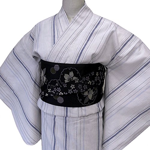 着物美人 浴衣 ゆかた 女性用 綿麻 しじら織り 黒細帯 半幅帯 浴衣帯 2点セット 【 白灰 縞 】a447018-3