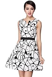 A-line V-neck Cocktail Above the Knee Fitted Vintage Polyester/Silk Sleeveless Tank Flared-Skirt Geometric Print Evening Dress/Prom Dress/Party Dress/Mini Dress 