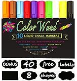 Liquid Chalk Markers - Color Wand 10 Paint Pens + Free 40 Chalkboard Labels Safe For Kids Art, Windows, Menu, Bistro, Whiteboards - 6mm Reversible Nib with Bullet and Chisel Tips