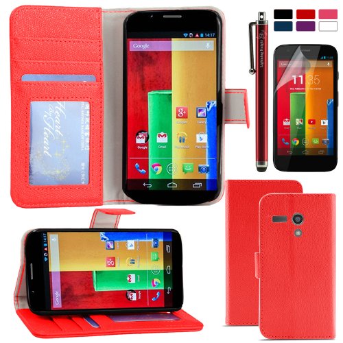 LK Wallet PU Leather Case Flip Cover Built-in Card Slots & Stand For Motorola Moto G with Free Screen Protector & Stylus (Red)