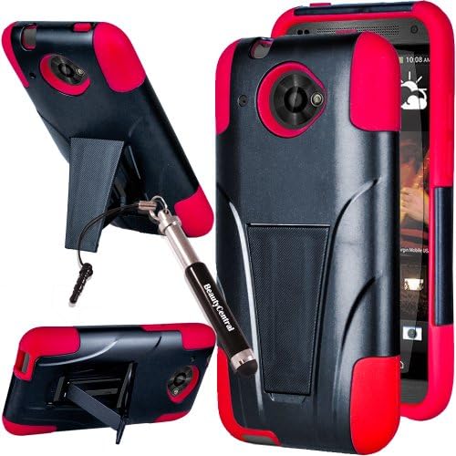 3-in-1 Bundle HTC Desire 601 ZARA (Virgin Mobile) Dual Layer Hard / Gel Silicone Hybrid Y Kickstand / Viewing Stand Armor Case - Red/Black (Package include Premium Screen Protector + Ultra-Sensitive Stylus Pen by BeautyCentral TM)