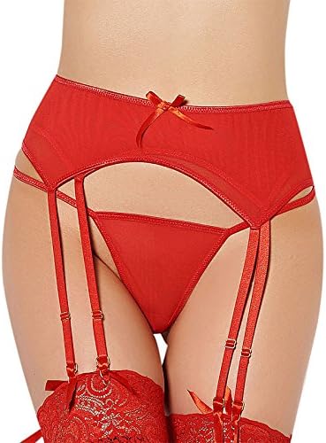 Pkman™Sexy Women's Garter Belt Double Layered Mesh with Adjustable Suspender Belt and Easily Clips include Plus-Size(Red)