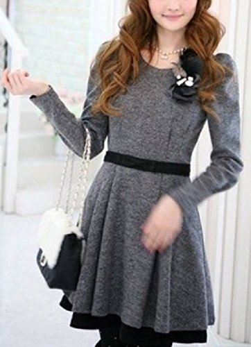 シャンディニー(Chandeny) エレガント! ブローチ 付き パフ スリーブ リボン ロング 長袖 ペプラム ワンピース ドレス / 大人 レディース ファッション / グレー / S M L XL 大きい サイズ あります！