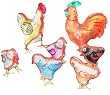 Rooster, hen and chicks - silk embroidered ornaments