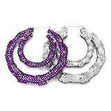 Basketball Wives Bamboo Paparazzi Platinum Plated Hip Hop Iced Ladies Fancy Hoop Earrings with Purple Crystals