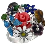 Sterling Silver Multi Color Enamel Butterfly & Flowers Ring, 15/16 in. (24mm) wide, size 6