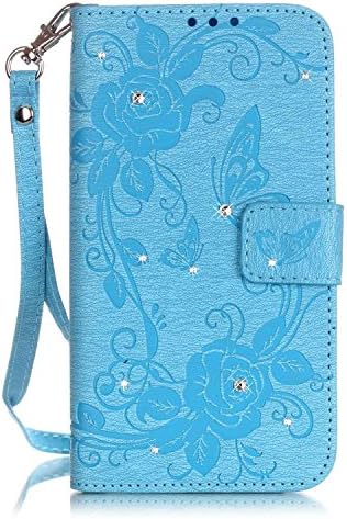iPhone 7 Wallet Case,QFJ [ Wrist Strap ] Embossed [ Spot drilling ] Premium PU Leather Wallet [ Card Slots ] Flip Stand Case Cover for Apple iPhone 7 (4.7 inch) 2016 (Blue)