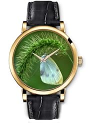 SPRAWL Aanalog Fashion Series Gold Ladies Watches of Genuine Black Leather Strap,Unique Wrist Watch for Women Girls Designed with Butterfly on a a branch