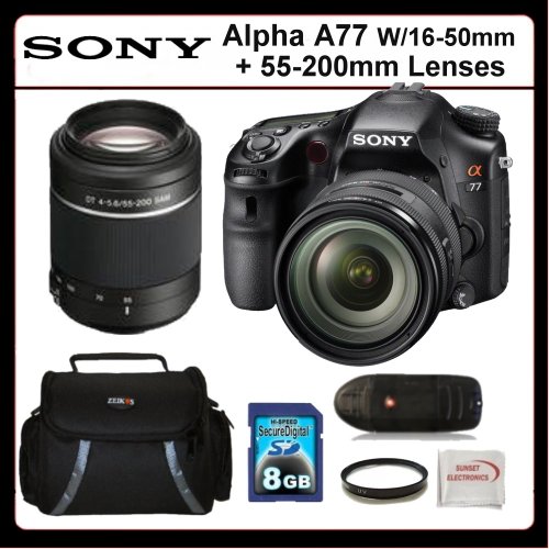 Sony Alpha A77 Kit Includes: Sony Alpha A77 Digital Camera with 16-50mm and 55-200mm Lens, 8GB SDHC Memory Card, Memory Card Reader, UV Filter, SSE Microfiber Cleaning Cloth and Soft Carrying Case