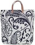 Cotton Canvas Navy Blue and White Paisley Tote Bag with Leather Handles 17"Lx17"H
