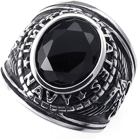 Vincy Mens Crystal Stainless Steel Ring, US NAVY Eagle, Black Silver