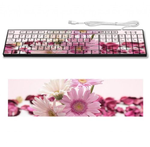 Pink White Gerbera Flower Nature Keyboard Customized Made to Order Support Ready 16 7/8 inch (430mm) x 4 7/8 inch (125mm) x 15/16 inch (25mm) High Quality MSD Key board Boards desktop laptop Key_board comfortable computer accessories cute gaming gear