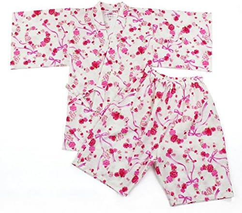 CNS Japanses Traditional Summer Style Costume JINBEI [ Flower Design for Girls ] (55.1in(140cm), White/Pink)