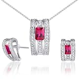 Breathtaking & Vibrant Radiant Cut Created Ruby Pendant Earrings Set in Sterling Silver Rhodium Finish
