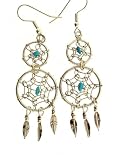 By Artist: Lorenzo Arviso Beautiful! Navajo Sterling-silver/Turquoise Double Dream Catcher dangle-earrings