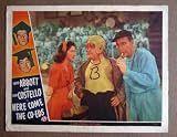  : DA12 HERE COME THE CO-EDS great Abbott/Costello '45 LC.  Heres a terrific lobby card from the original release of HERE COME THE CO-EDS featuring a great image of BUD ABBOTT and LOU COSTELLO. A must for ABBOTT AND COSTELLO collectors.    Lobby card is in EXCELLENT-condition. No pinholes, , a faint water mark on the right edge, a one-half inch edge tear on the upper border.       A lobby card is an 11 x 14 inch placard advertising a movie. They were displayed in the theatre lobby to entice moviegoers to go to the box office and buy a ticket.