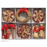 Christmas Straw Ornaments - Set of 16 pieces, Red Accents